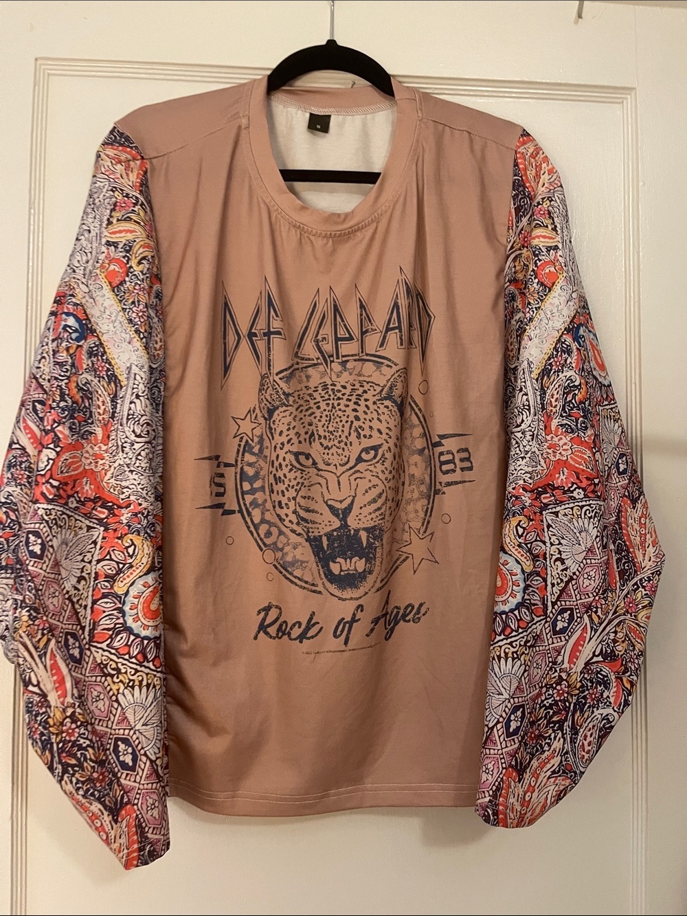 Rock of Ages Graphic Pullover with Paisley Sleeves - Taupe & Multicolor